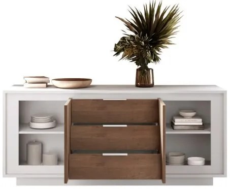 SKY 2.0 komód 2 ajtóval és 3 fiókkal, fehér matt lakkozott vázzal és Mercuri tölgy mintázatú laminált előlapokkal