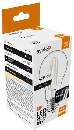 LED izzó, filament, E27, gömb, A60, 4,5W, 470lm, 4000K, AVIDE (AVLED001)