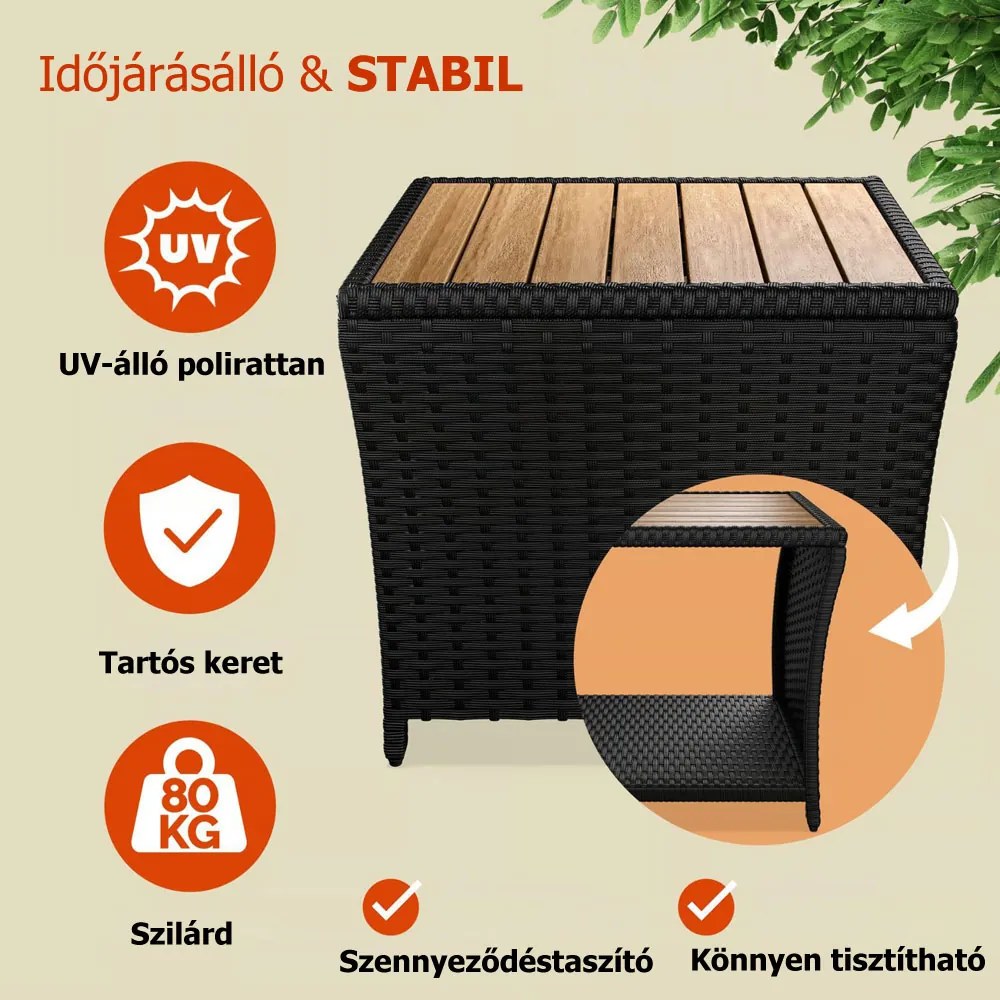 ROCCO polyrattan oldalasztal akácfával, 40x45x45cm, barna/fekete Casaria
