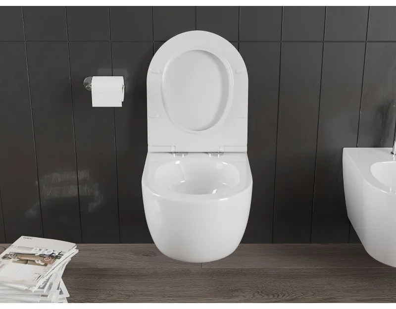 Mexen Carmen, falra akasztható wc csésze 490x365x340 mm, Perem nélküli Tornado + SLIM duroplast wc ülőke, fényes fehér, 30880500