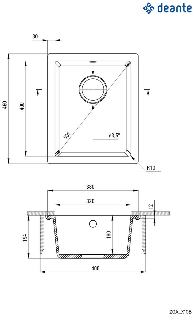 Deante Corda, gránit mosogató a lemez alatt 380x460x194 mm, 3,5"+ helytakarékos szifon, 1kamrás, antracit metál, ZQA_T10B