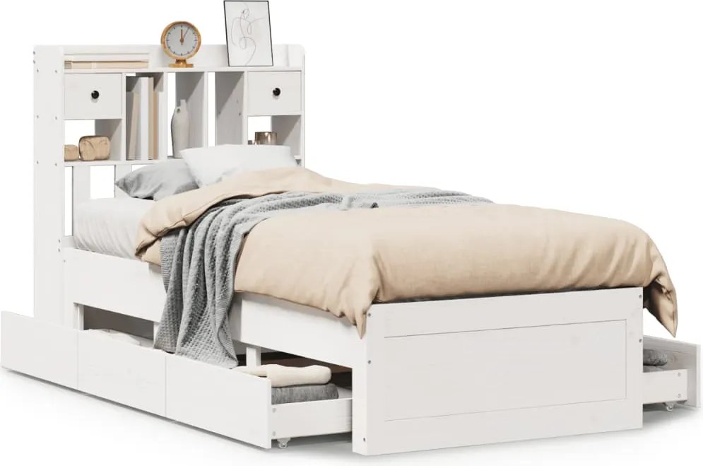 vidaXL fehér tömör fenyőfa könyvespolcos ágy matrac nélkül 90 x 190 cm