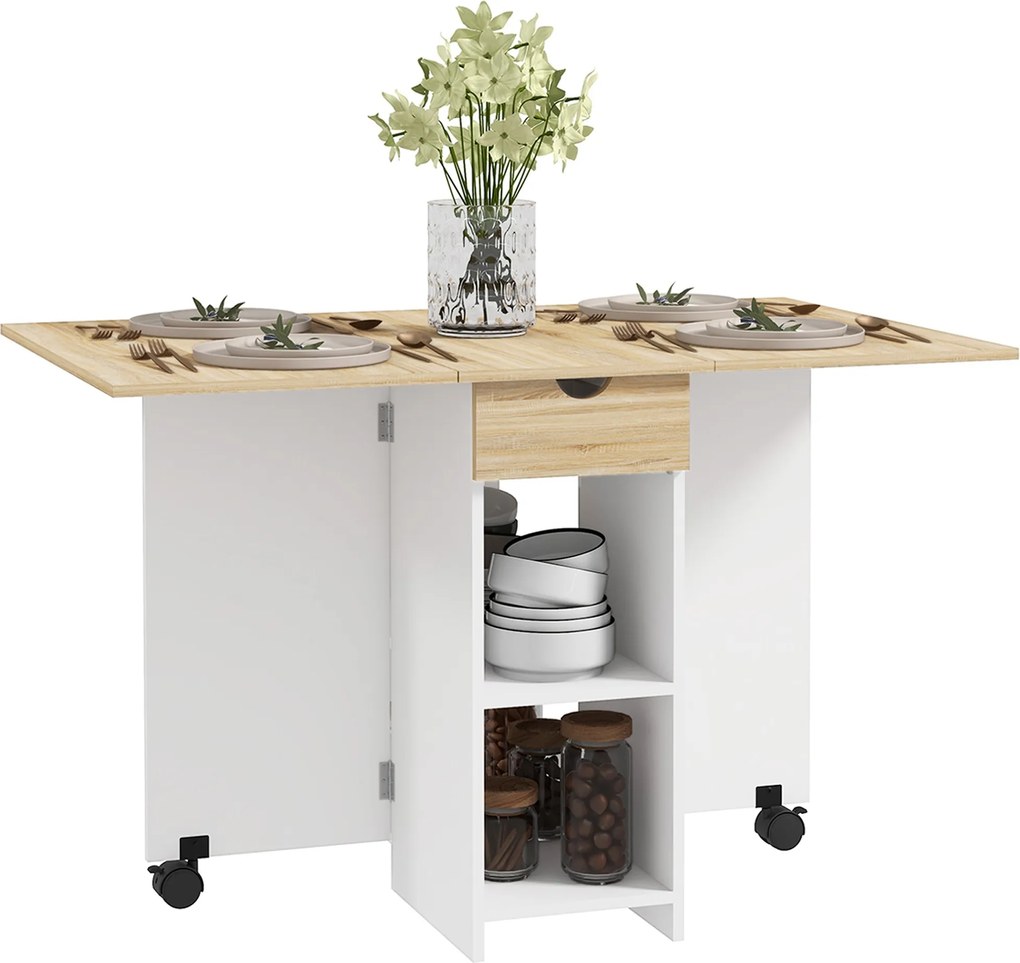 HOMCOM Összecsukható Étkezőasztal, Kinyitható Konyhai Asztal 2-4 Fő Részére, 2 Oldalsó Lappal, Kis Terekhez, Téglalap Forma, Modern Dizájn, Tölgy | Ao