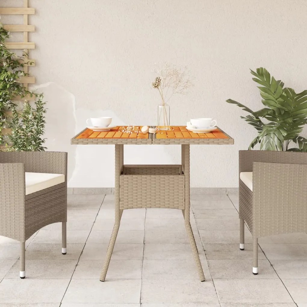 bézs polyrattan és akácfa kerti asztal 80 x 80 x 75 cm