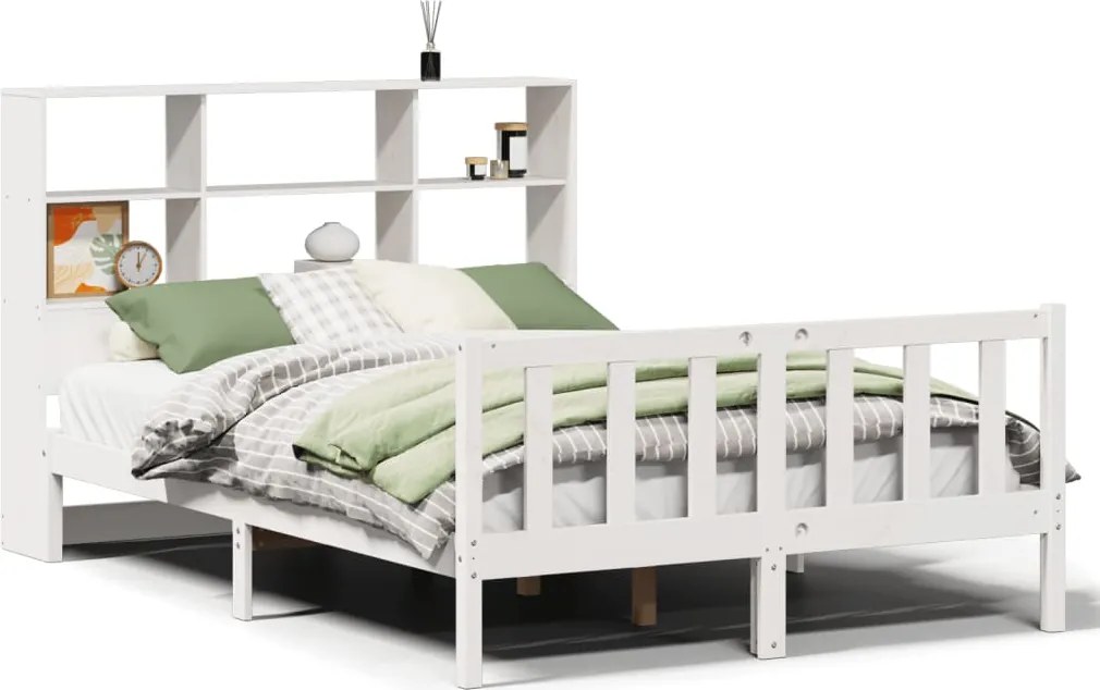 vidaXL fehér tömör fenyőfa könyvespolcos ágy matrac nélkül 140x190 cm