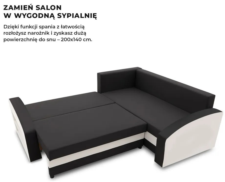 Grande sarokkanapé polcokkal , polc a bal karfaban, jobboldali, szövet anyag, hab töltet, fekete - fehér