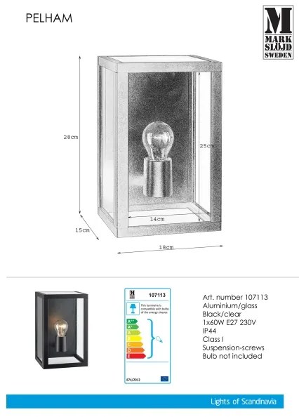 Markslöjd 107113 - Kültéri fali lámpa PELHAM 1xE27/60W/230V IP44 fekete