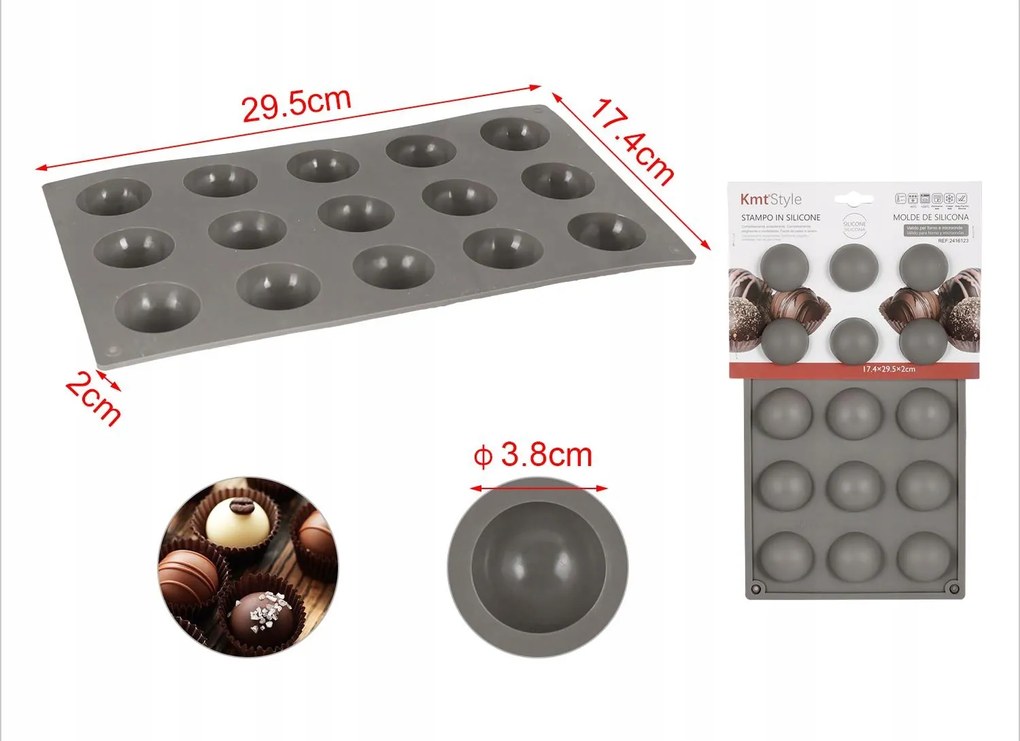 Szilikon csokoládé öntőforma 15 db-os félgömbök, szürke