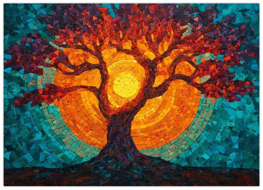 Üveg kép - Az élet fája és a nap mozaikban (70x50 cm)