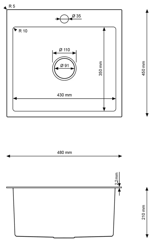 Erga HD, 1 kamrás acél mosogató 480x450x210 mm, acél, ERG-MLS-HD4845