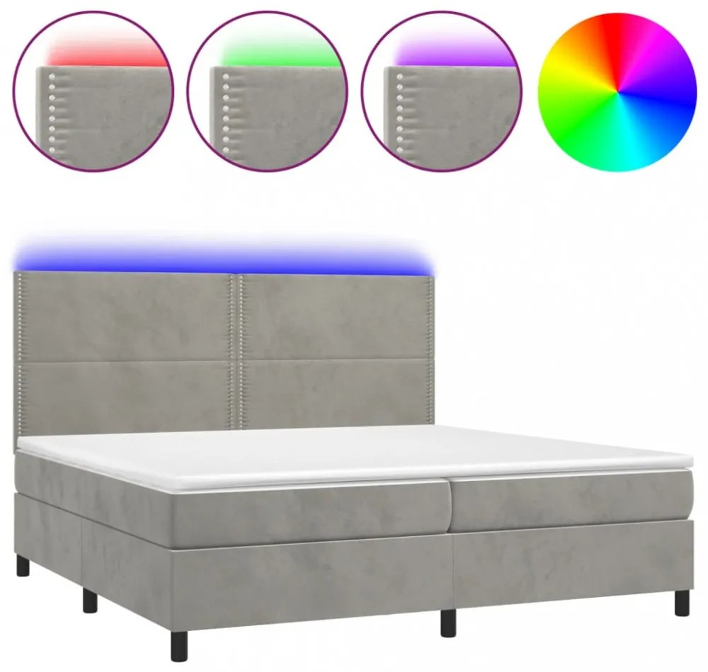 világosszürke bársony rugós és LED-es ágy matraccal 200x200 cm