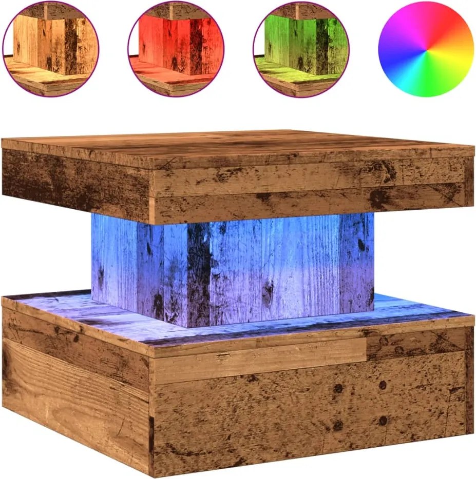 vidaXL antik fa színű dohányzóasztal LED-lámpákkal 50 x 50 x 40 cm