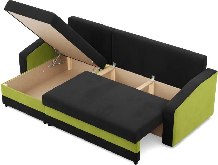 Hewlet sarokkanapé, 2 ágyneműtartóval, szövet anyag, univerzális oldal, hab töltet, fekete - zöld