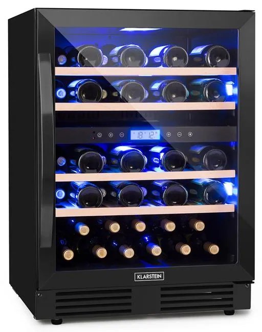Klarstein Vinovilla Onyx 43, kétzónás borhűtő, 129 liter, 43 palack, 3 színű LED világítás