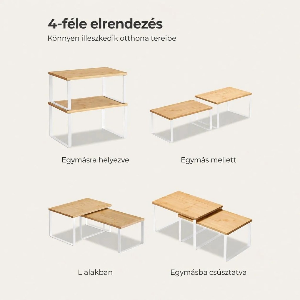 Konyhai fűszertartó és pultpolc készlet, 2 darabos, egymásra rakható és variálható, bambusz és fém, fehér és natúr