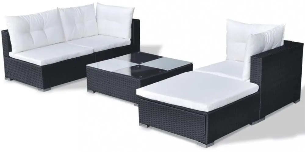 vidaXL 5-részes fekete polyrattan kerti bútorszett párnákkal