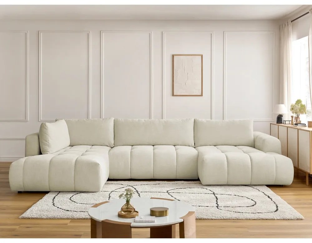 Bézs kinyitható-tárolóhelyes sarokkanapé (bal oldali-U alakú) Fuji – Bobochic Paris