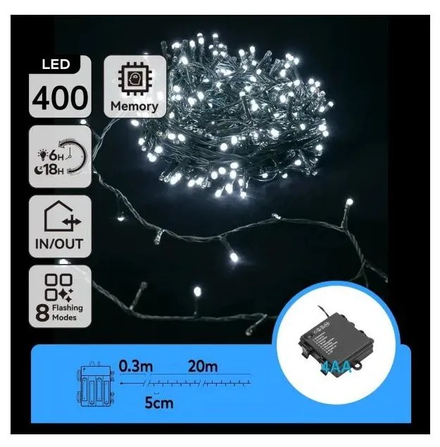 Aigostar - kültéri LED karácsonyi fényfüzér, 400 LED / 8 világítási mód, 4×AA, 20,3 m, hideg fehér