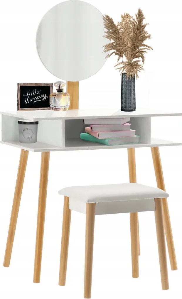 Fehér retro fésülködőasztal kerek tükörrel és ülőkével 75 x 45 x 129,5 cm