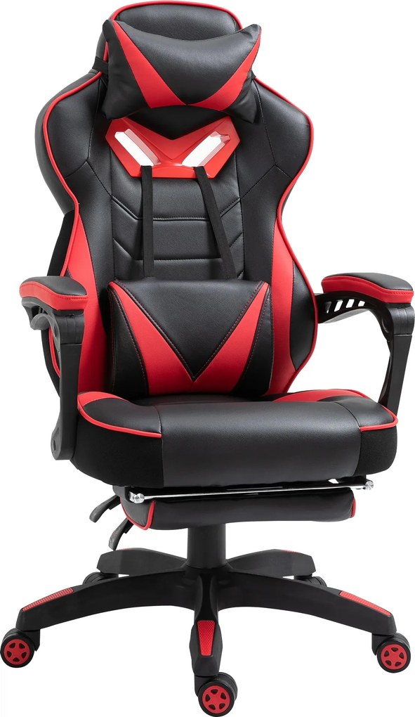 Vinsetto Ergonomikus Irodai Szék, Gamer Szék Retractable Lábemelővel és Állítható Háttámlával, Hab+PU Bőr+Fém, Fekete+Piros, 65 x 70 x 118.5-128.5 cm