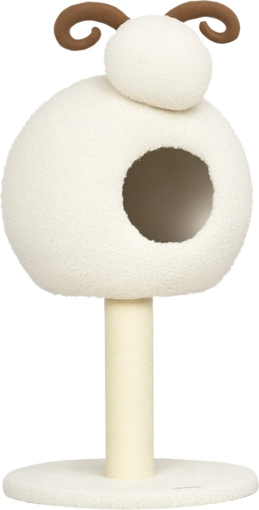 PawHut Macskafák, 80 cm, Macskabútor Macska Barlanggal, Kecske Mintás Kaparóoszlop, Mászófa Sizál Zsinórral és Plüss Kerettel, Krémfehér | Aosom