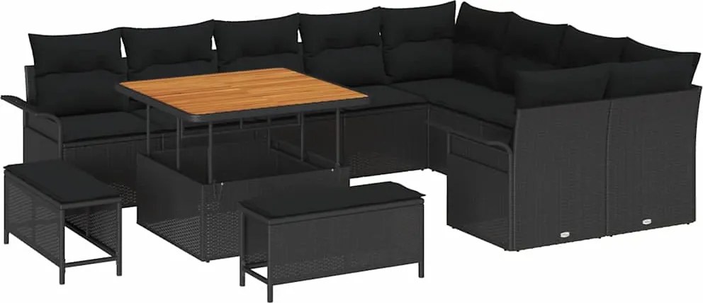 vidaXL Kerti Kanapé Szett párnával 12 pcs Fekete polirattan