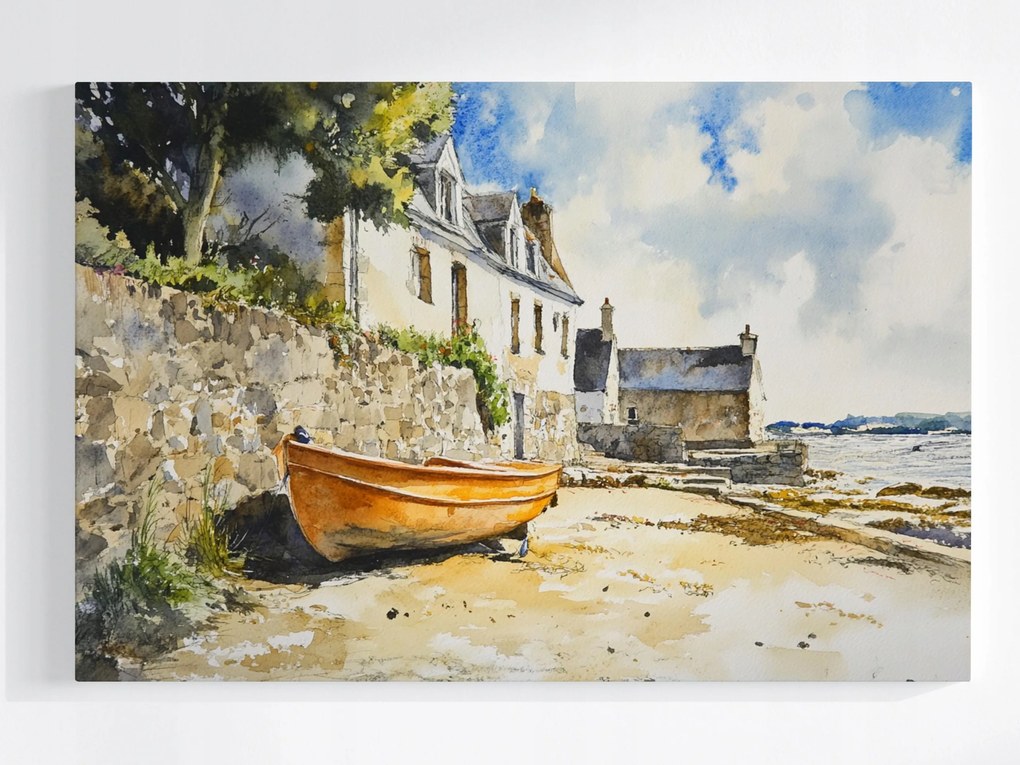 Vászonkép Canvas Akvarell Tájkép Tenger Hajó Tengerpart Ház TENGERPART120x80