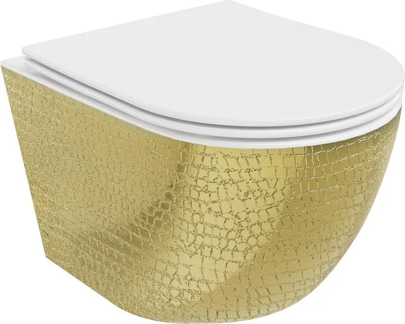 Mexen Lena Rimless WC csésze lecsukódó slim duroplast ülőkével, fehér/arany pikkely minta - 30224008