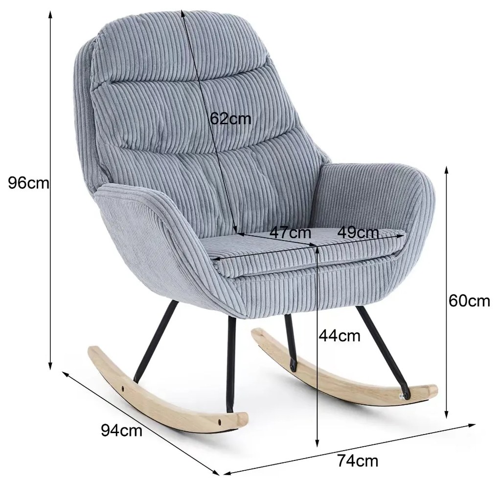 Hintaszék, relaxációs szék kordbársony kárpitozással, szürke