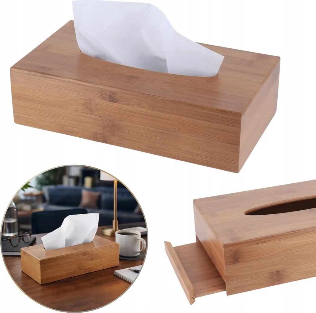 Bambusz Törlőkendőtartó Doboz Zsebkendőtartó Rendszerező Könnyű Utántöltés