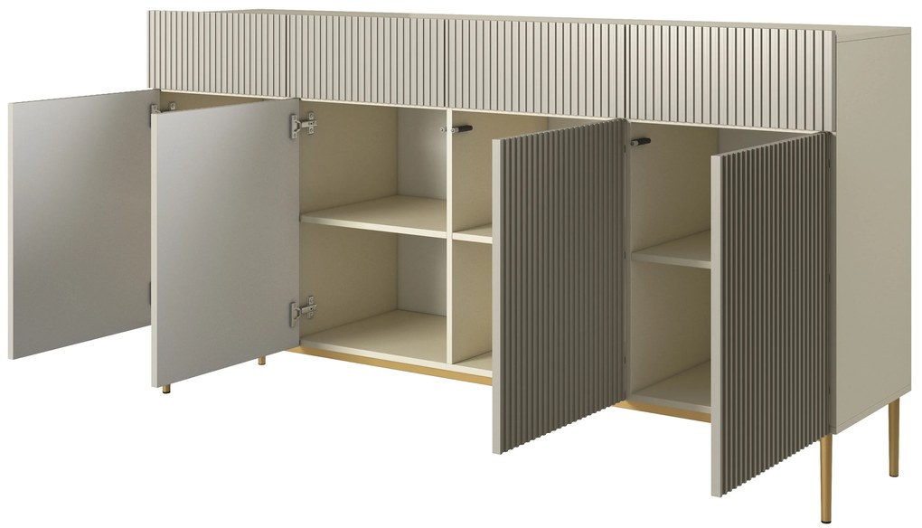 Nicole négyajtós komód 200 cm, fiókos, bordázott előlap - kasmír / arany lábak