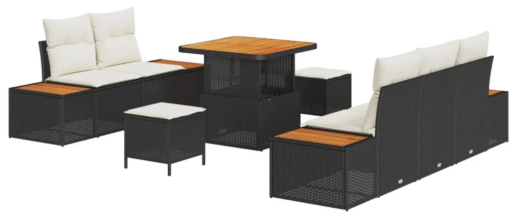 8 darabos kertiszék szett párnákkal fekete poli rattan akáccal, 3 darabos kertivacsora szett párnákkal fekete poli rattan akáccal