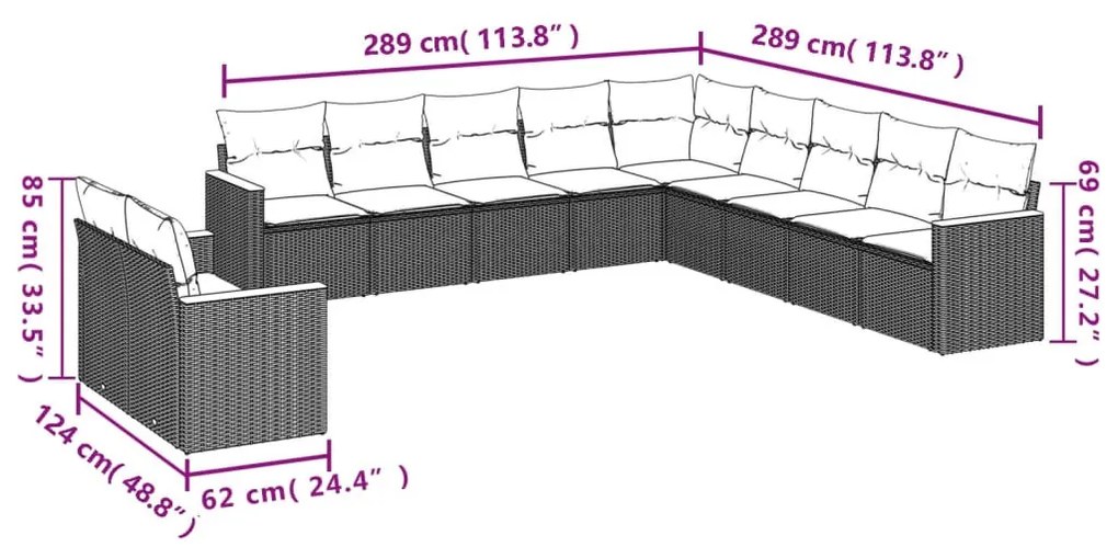 11 részes fekete polyrattan kerti ülőgarnitúra párnákkal