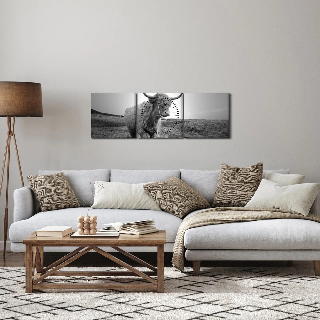 Kép - Skót tehén, fekete-fehér (órával) (90x30 cm)