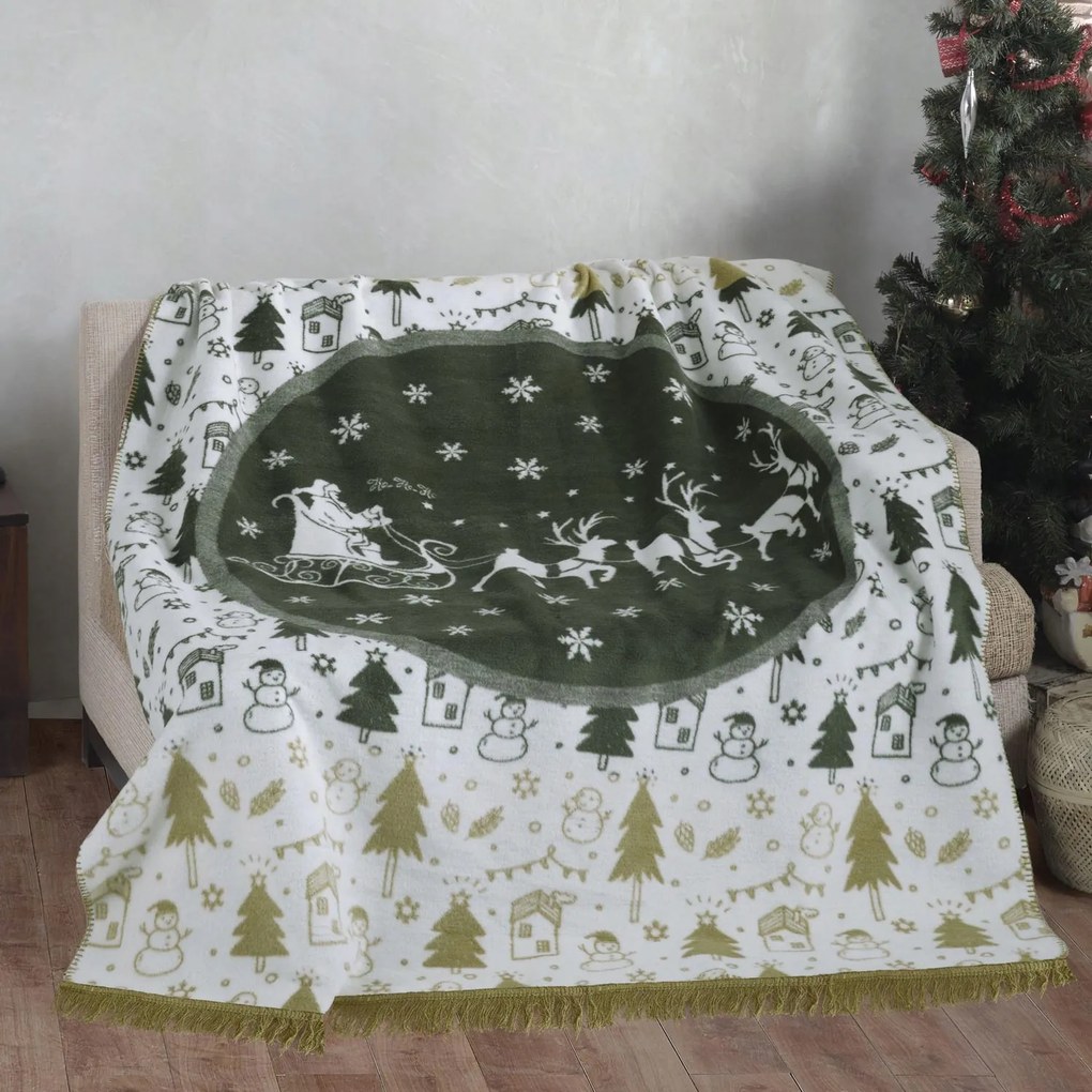 Pamut akril takaró 150x200 Karácsonyi zöld karácsonyfa rénszarvas szirmok