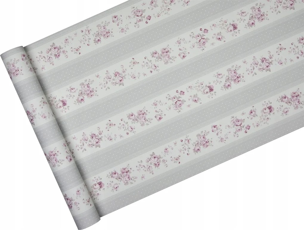 Szürke csíkos és csíkos tapéta rózsákkal