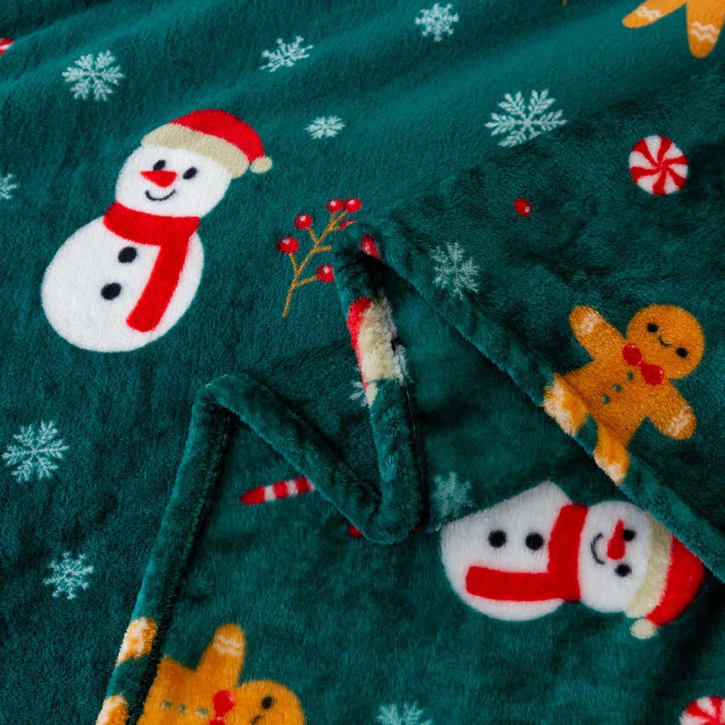 SNOWMAN AND GINGERBREAD zöld karácsonyi mikroplüss pléd Méret: 200 x 220 cm