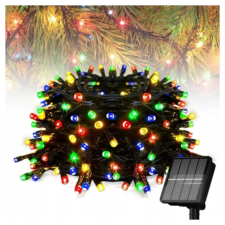 100 LED-es napelemes kerti fényfüzér, RGB színes, 10 m, 8 világítási móddal