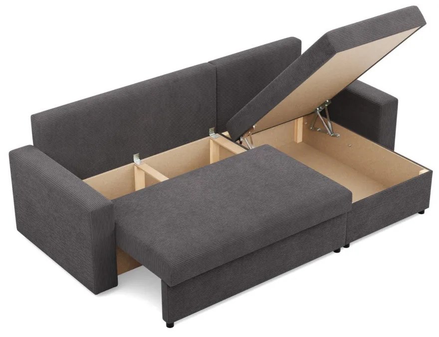 Zeus sarokkanapé, 2 ágyneműtartóval, egyenes kartámasz, kordbársony, univerzális oldal, bonell töltet, szürke