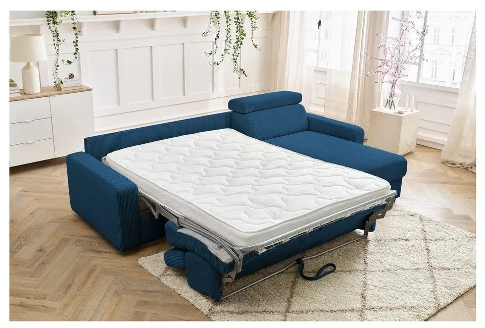 Sötétkék kordbársony kinyitható sarokkanapé (variálható) Monaco – Bobochic Paris