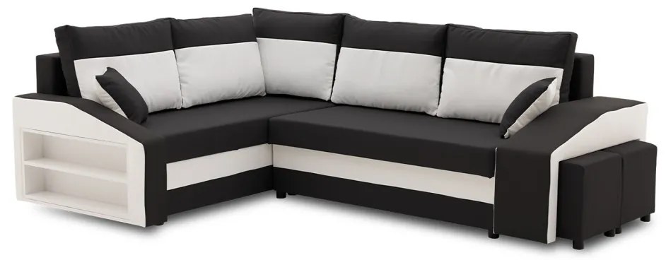 Grande sarokkanapé polcokkal és puffokkal , polc a bal karfaban puffok a jobb karfaban, baloldali, szövet anyag, bonell töltet, fekete - fehér