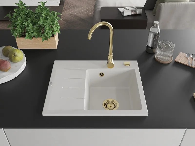Mexen Ben gránit mosogató egy tálcás lecsöpögtetővel, jobb oldali 600 x 500 mm, fehér, arany szifonnal - 6523605000-20-G