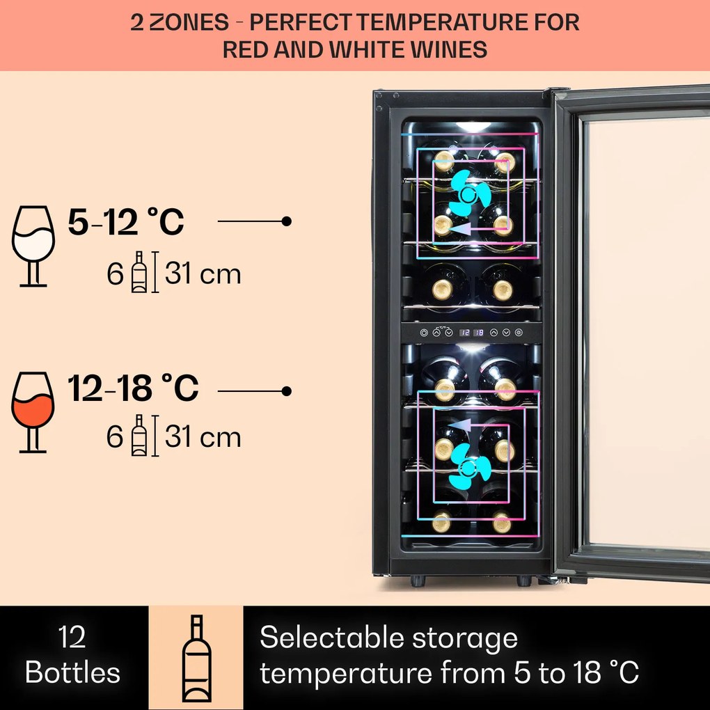 Klarstein Shiraz 12 Duo borhűtő, 42 liter, 12 palack, 2 zóna, 5-12 / 12-18 °C, érintős