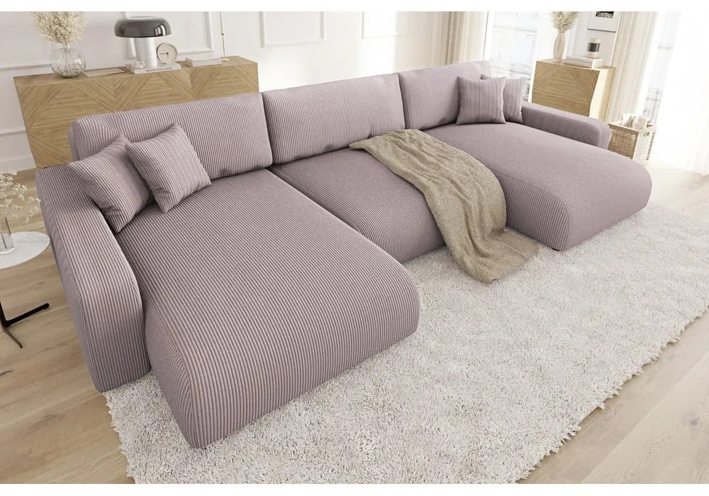 Világos rózsaszín kordbársony kinyitható tárolóhelyes sarokkanapé Sara – Ropez