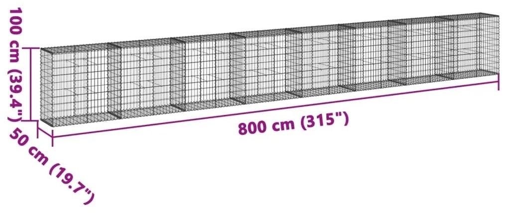 horganyzott vas gabion kosár fedéllel 800 x 50 x 100 cm