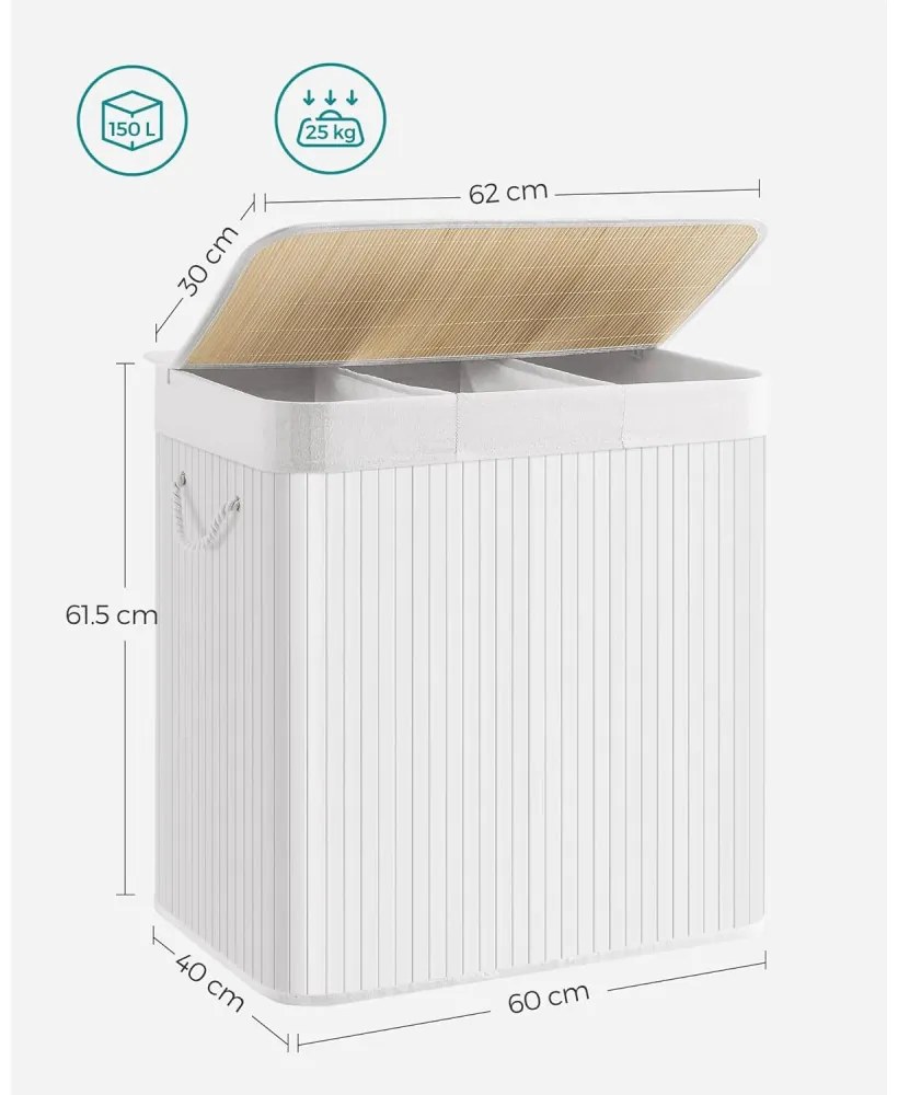 Bambusz kosár szennyestartó 3 rekeszes 3x50L, fehér