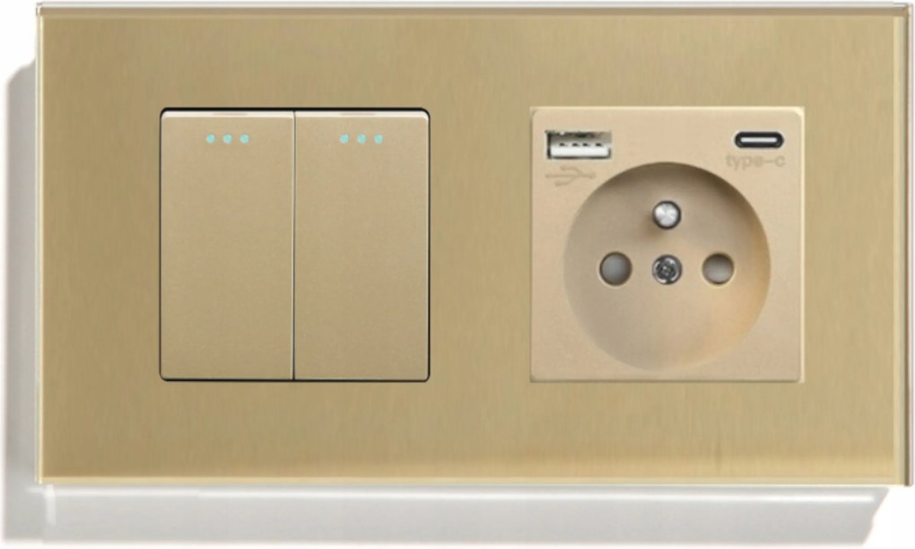 Klasszikus Dupla Kapcsoló 2K Lépcsős Üveg Aljzat Usb A+c Qc 20W