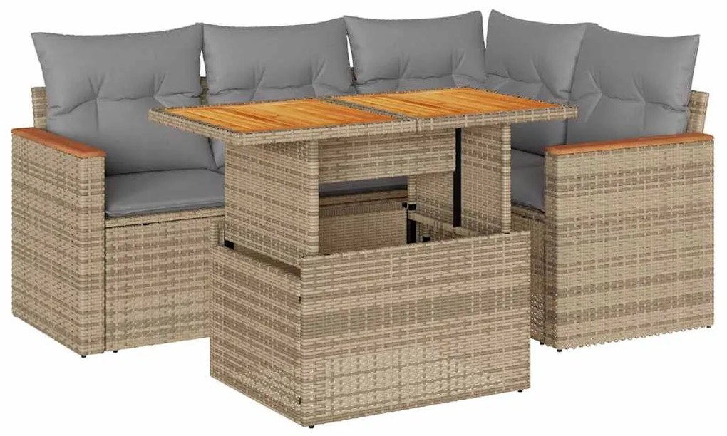 5 részes bézs polyrattan és akácfa kerti ülőgarnitúra párnákkal