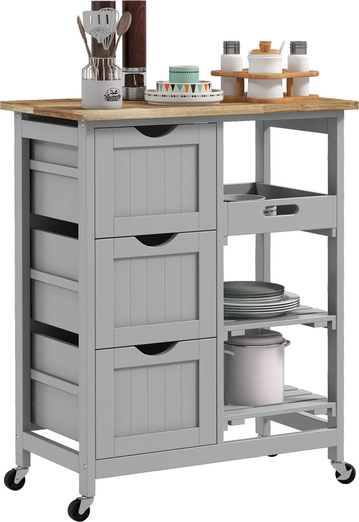HOMCOM Konyhai Kocsi Kerekekkel Fából készült Felülettel, 3 Fiókos, 2 Nyitott Polcos, Eltávolítható Tálcás a Nappaliba, Étkezőbe - 67x37x85.5 cm | Aos