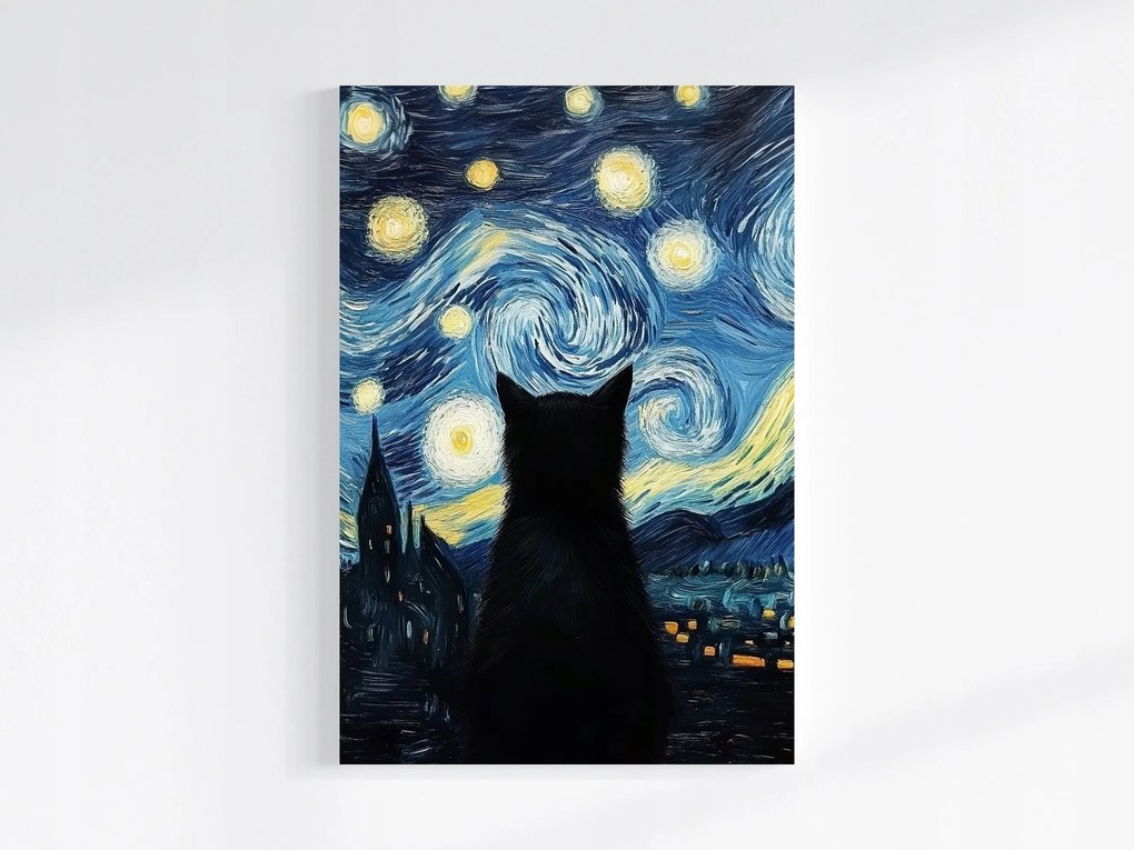 Vászonkép Canvas Van Gogh Stílus Csillagos Éjszaka Fekete Macska 80x120